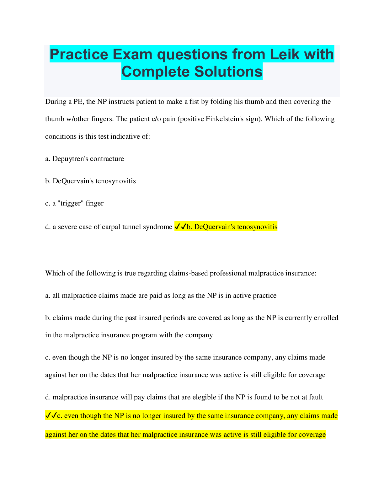 Preview image of Practice Exam questions from Leik with Complete Solutions document